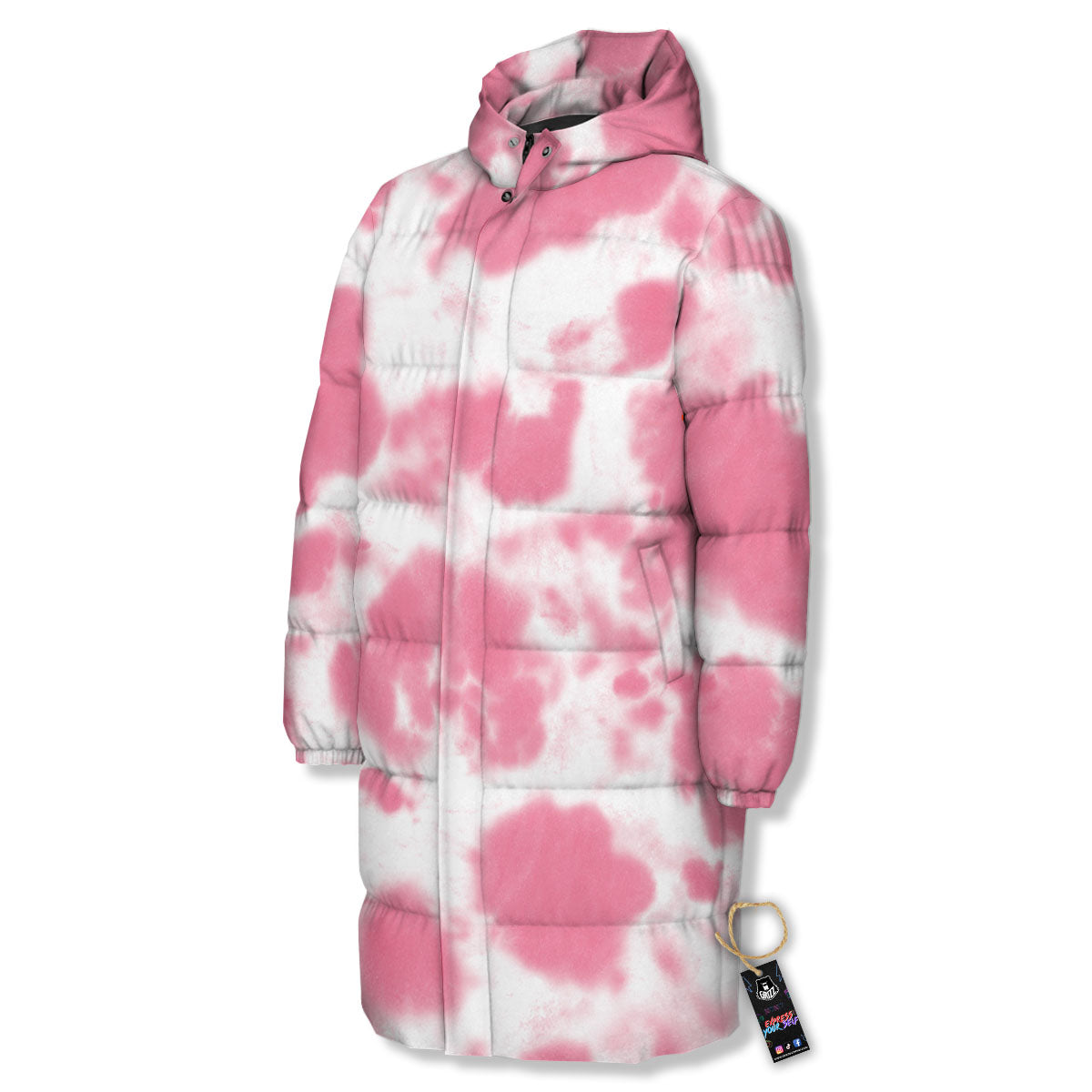 Pink Pastel And White Cow Print Long Down Jacket-grizzshop