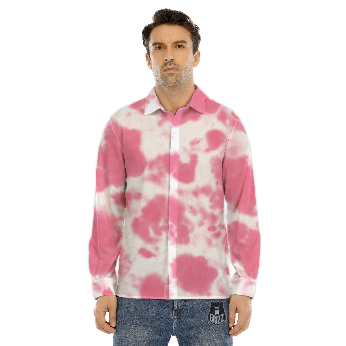 Pink Pastel And White Cow Print Men's Dress Shirts-grizzshop