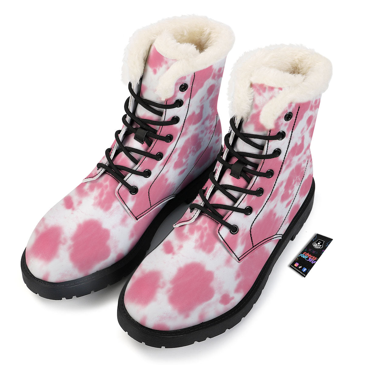 Pink Pastel And White Cow Print Winter Boots-grizzshop