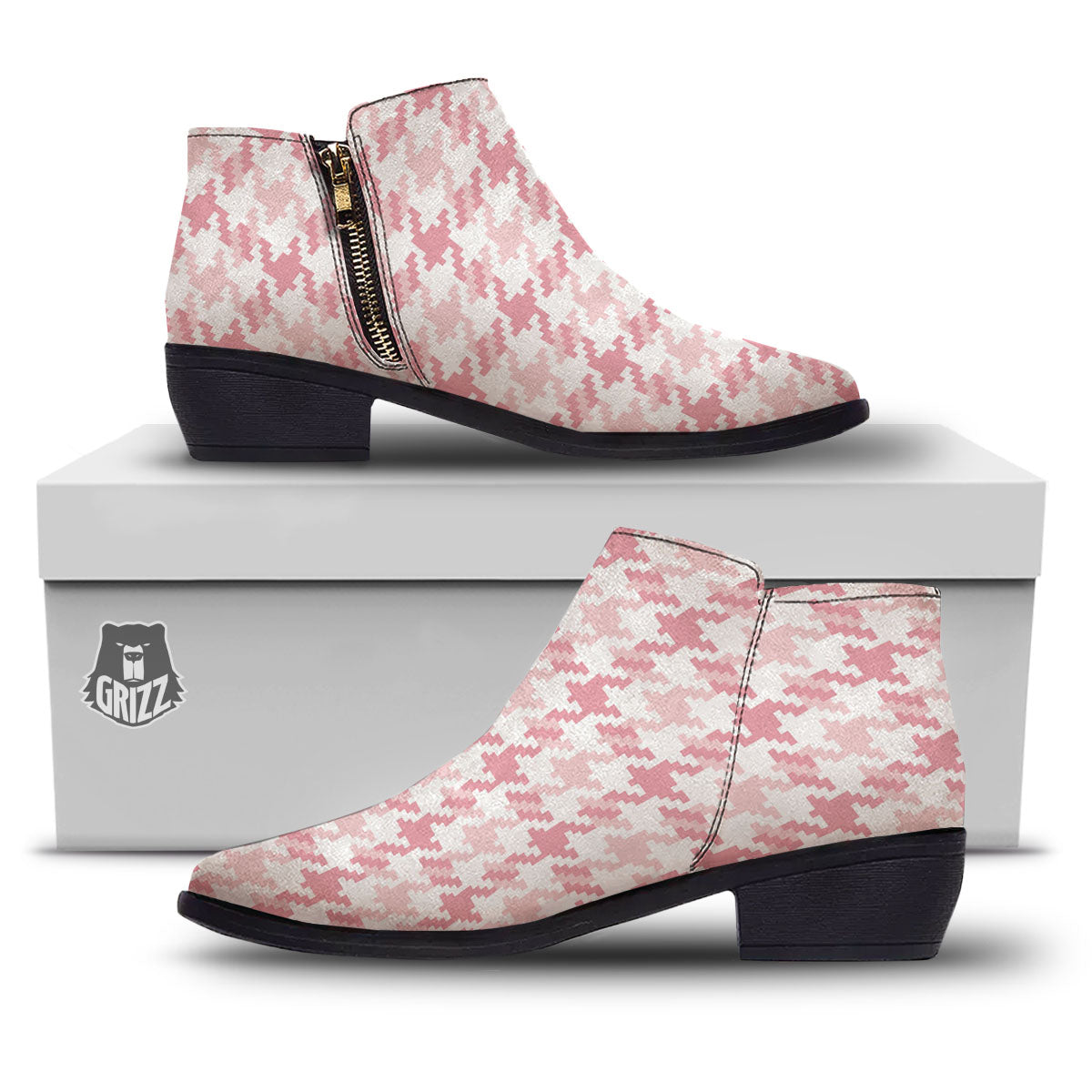 Pink Pastel And White Houndstooth Print Ankle Boots-grizzshop