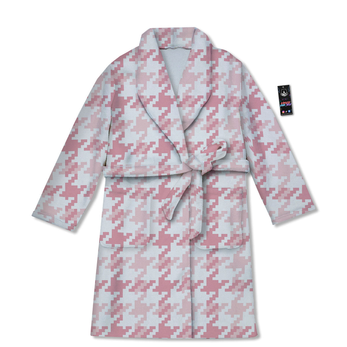 Pink Pastel And White Houndstooth Print Bathrobe-grizzshop