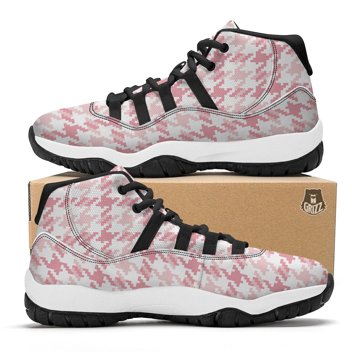 Pink Pastel And White Houndstooth Print Black Bball Shoes-grizzshop