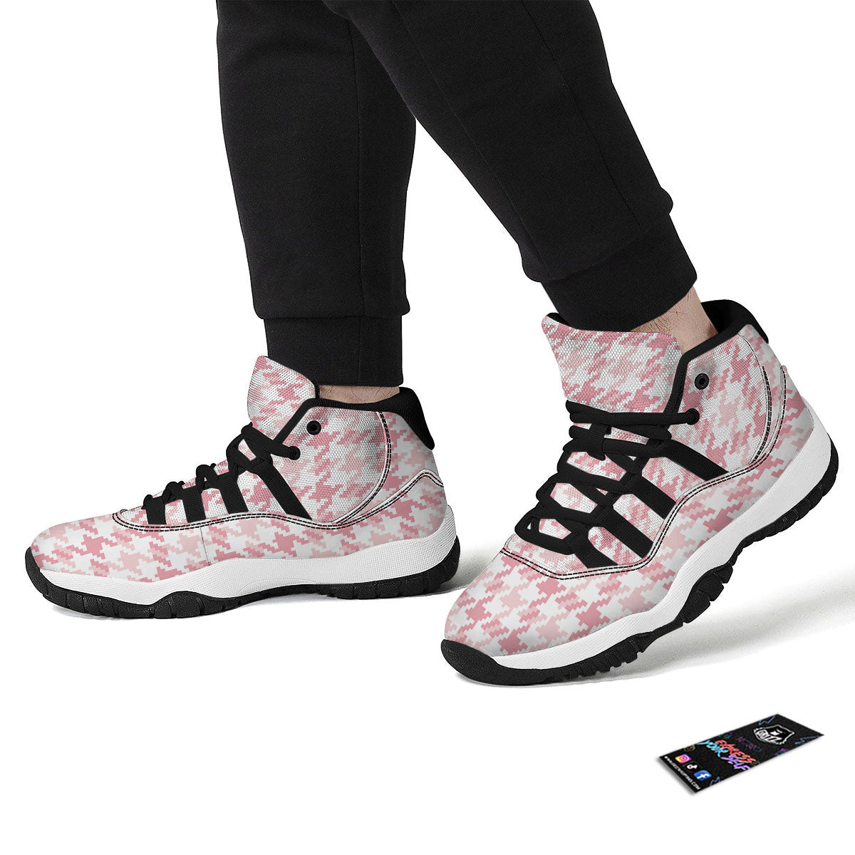 Pink Pastel And White Houndstooth Print Black Bball Shoes-grizzshop