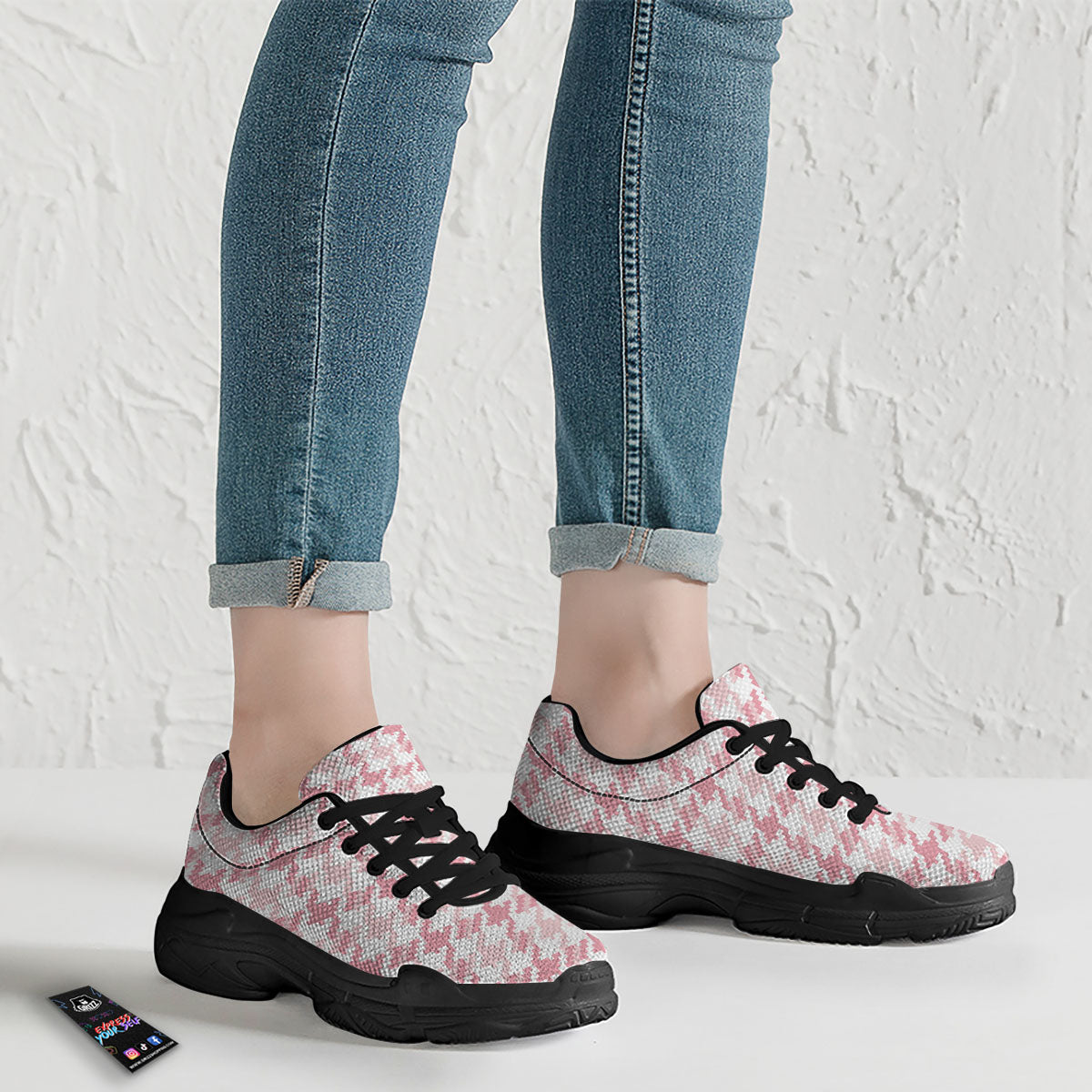 Pink Pastel And White Houndstooth Print Black Chunky Shoes-grizzshop