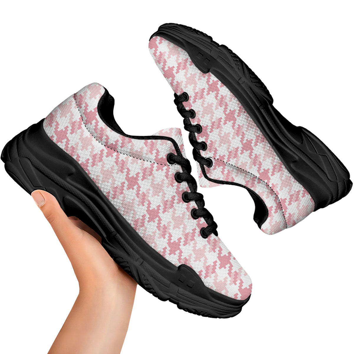 Pink Pastel And White Houndstooth Print Black Chunky Shoes-grizzshop