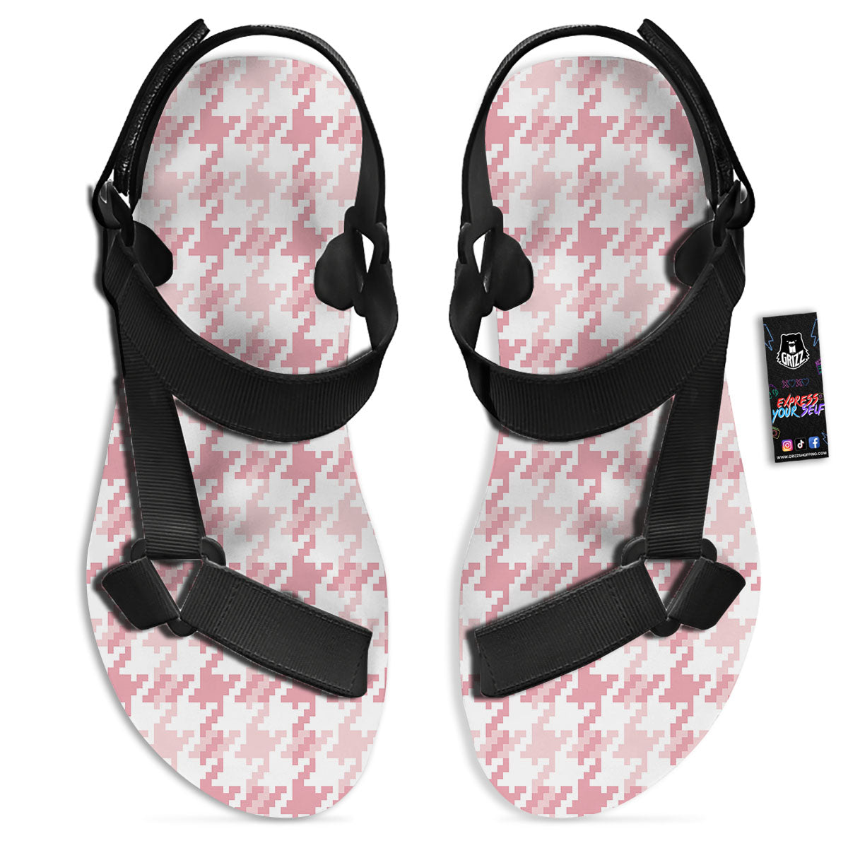 Pink Pastel And White Houndstooth Print Black Open Toe Sandals-grizzshop