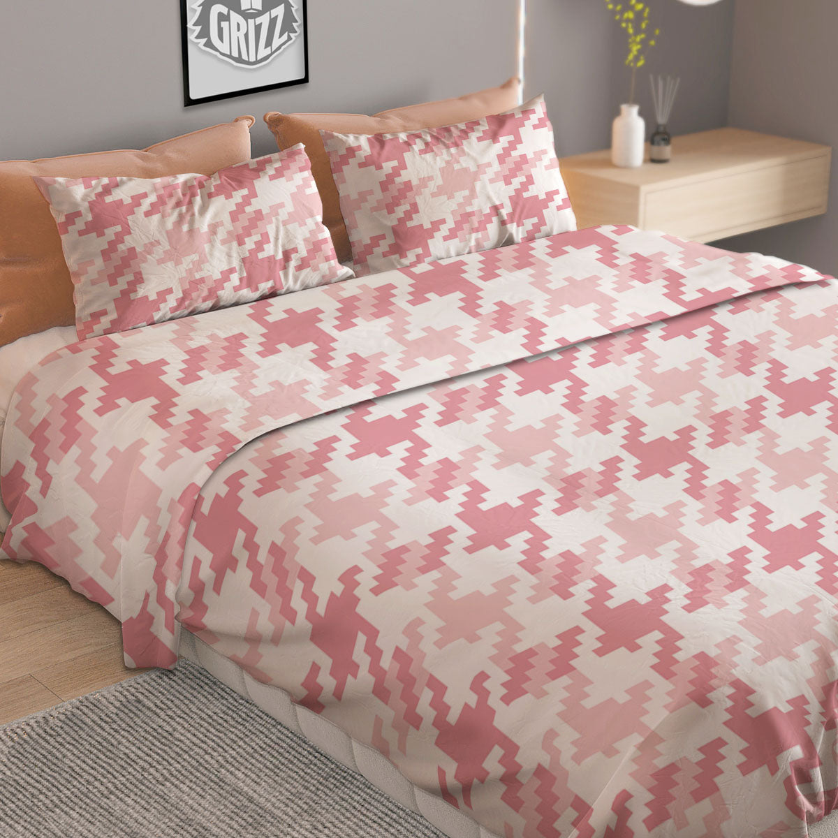 Pink Pastel And White Houndstooth Print Duvet Cover Bedding Set