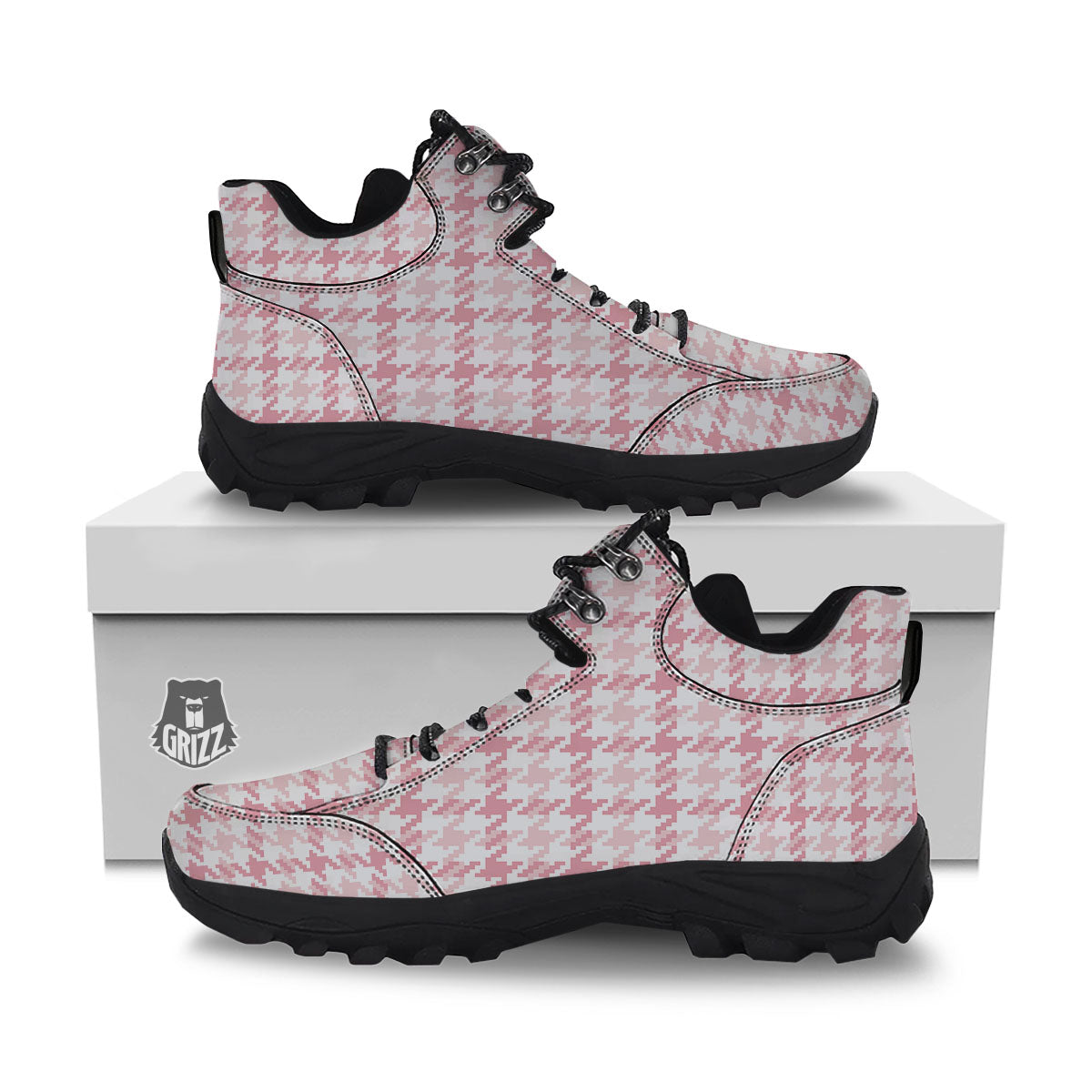Pink Pastel And White Houndstooth Print Hiking Shoes-grizzshop