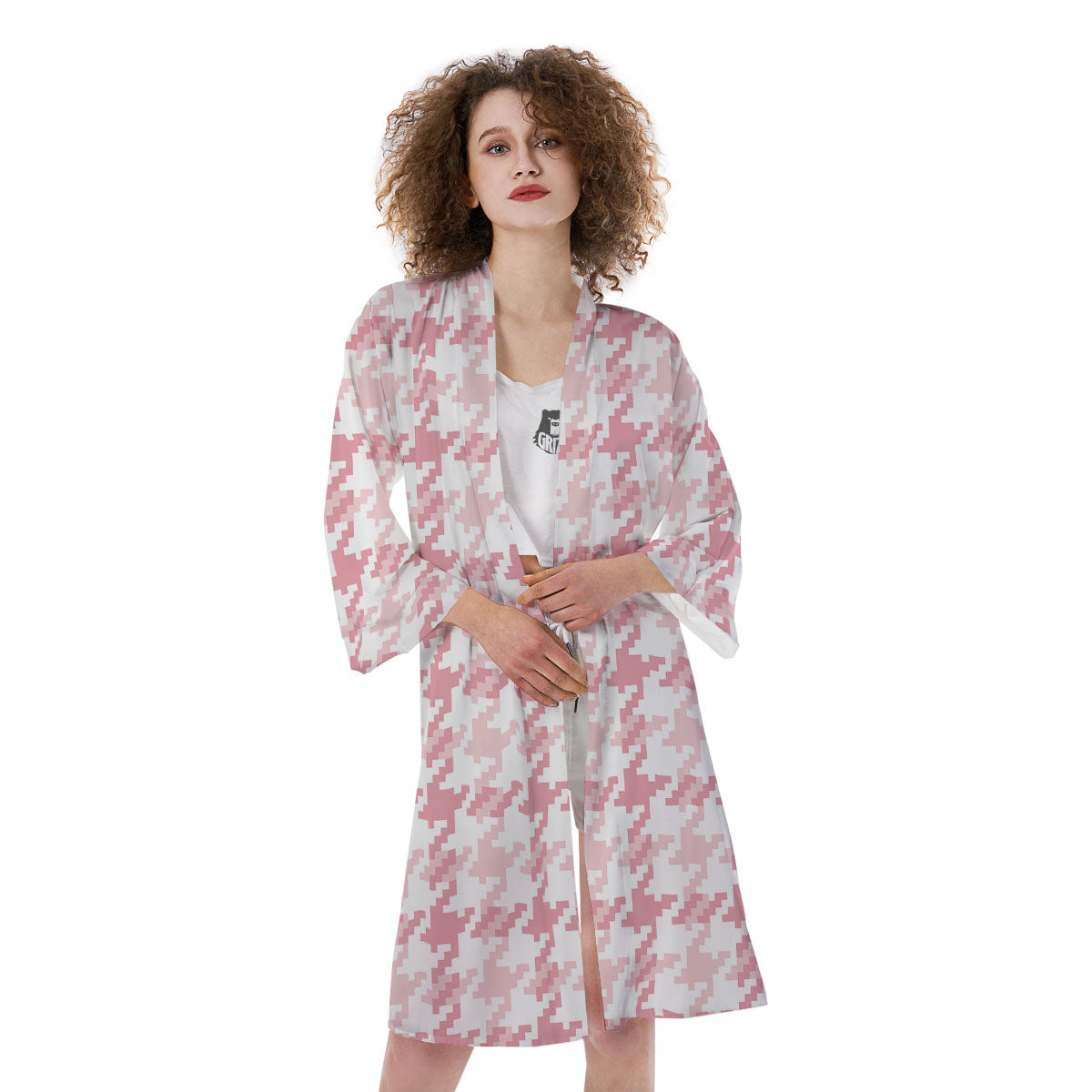 Pink Pastel And White Houndstooth Print Kimono-grizzshop