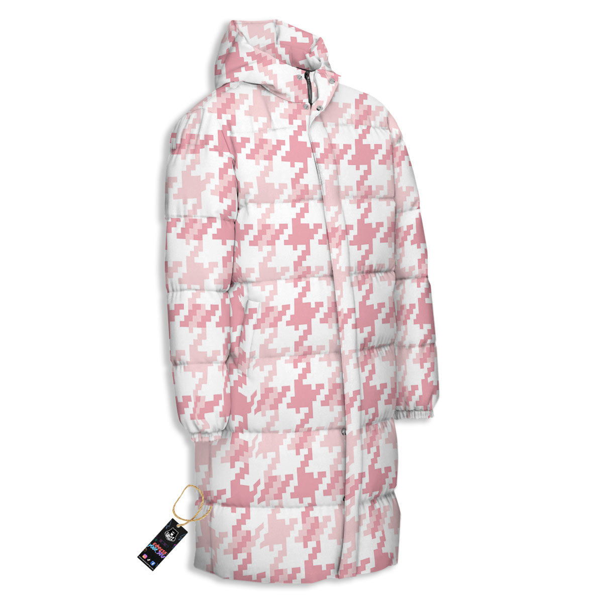 Pink Pastel And White Houndstooth Print Long Down Jacket-grizzshop