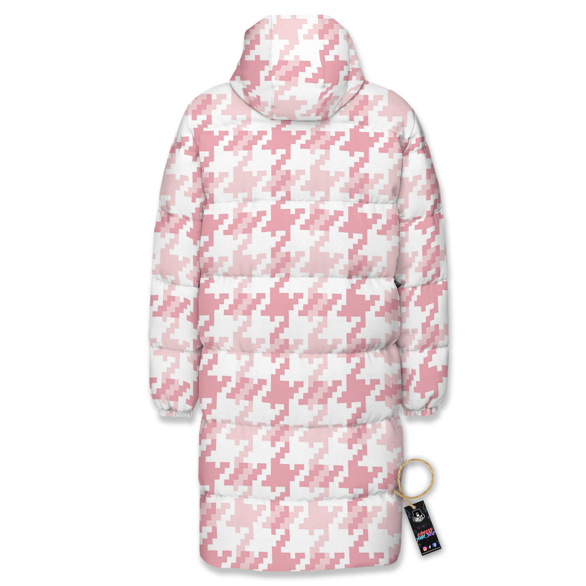 Pink Pastel And White Houndstooth Print Long Down Jacket-grizzshop