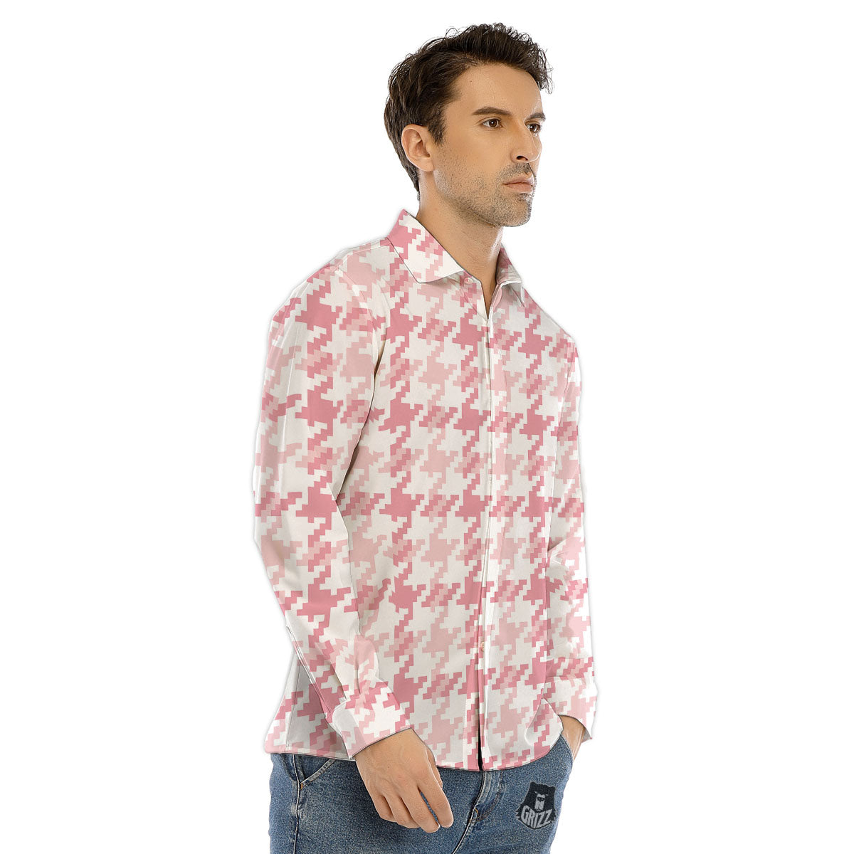 Pink Pastel And White Houndstooth Print Men's Dress Shirts-grizzshop