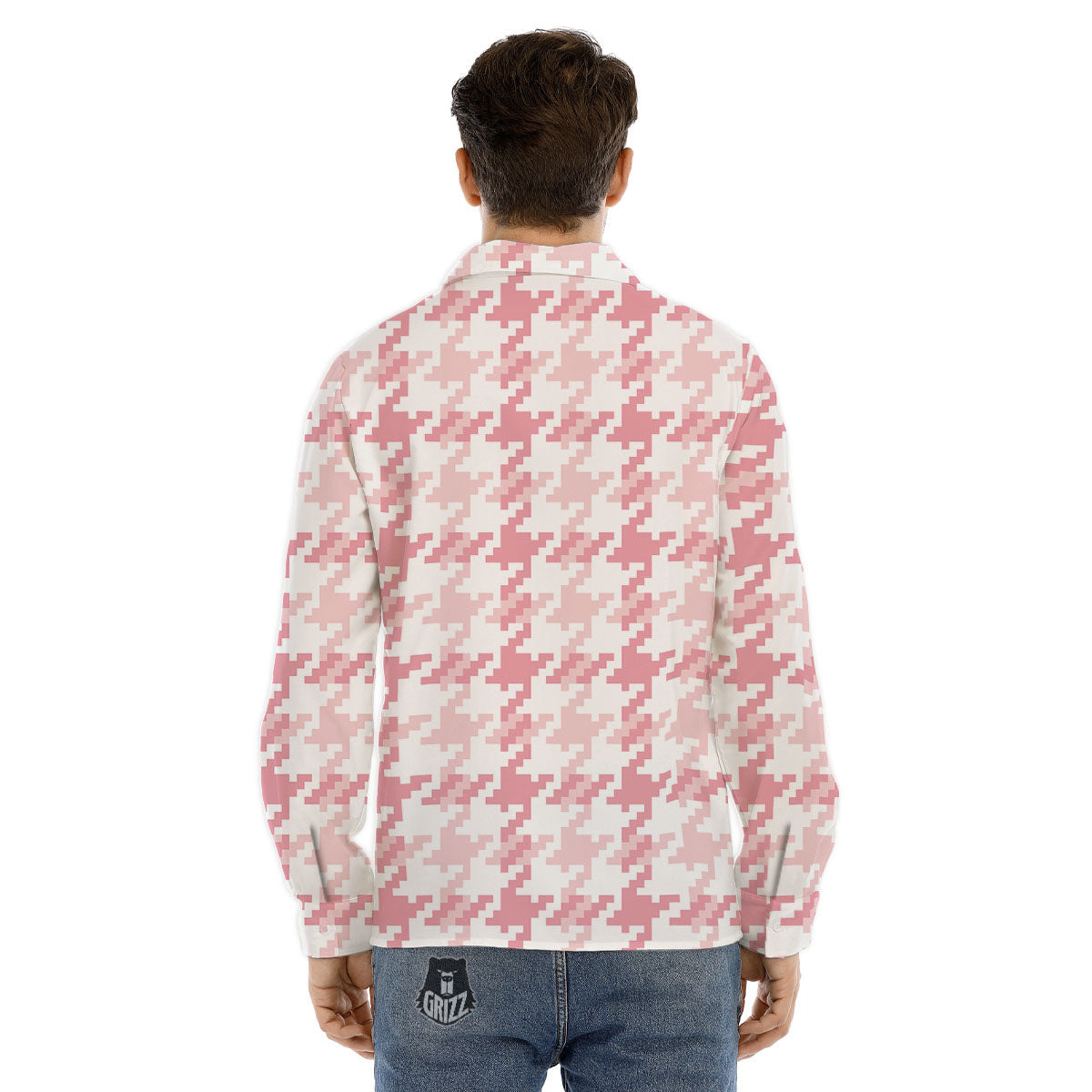 Pink Pastel And White Houndstooth Print Men's Dress Shirts-grizzshop
