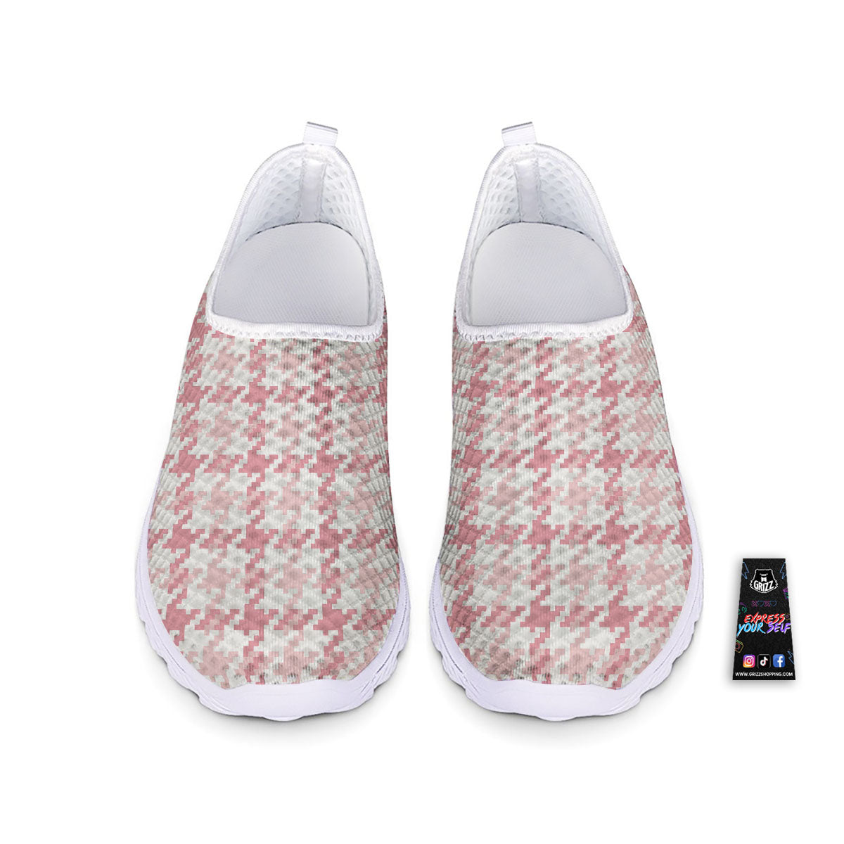 Pink Pastel And White Houndstooth Print Nurse Shoes-grizzshop