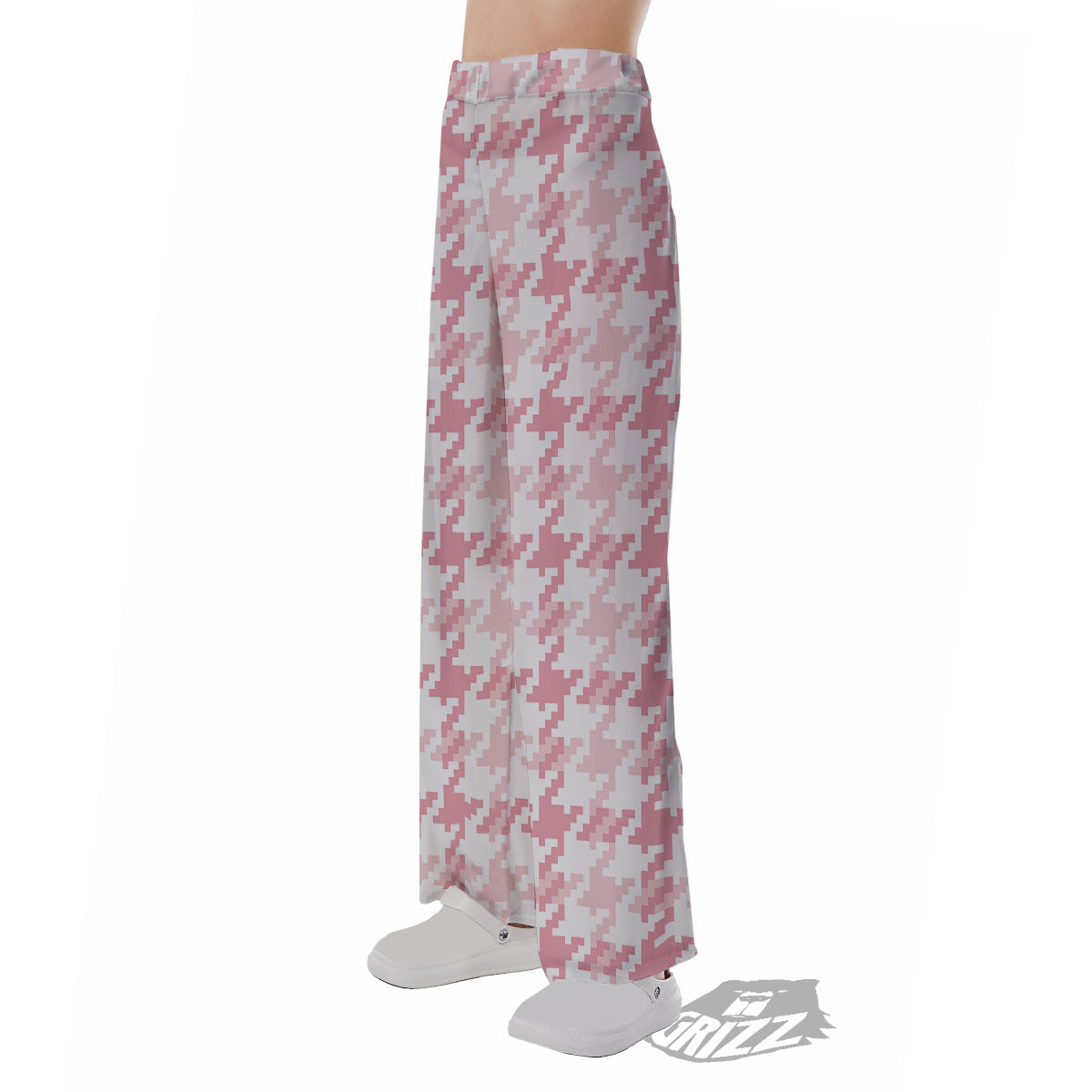 Pink Pastel And White Houndstooth Print Pajama Pants-grizzshop