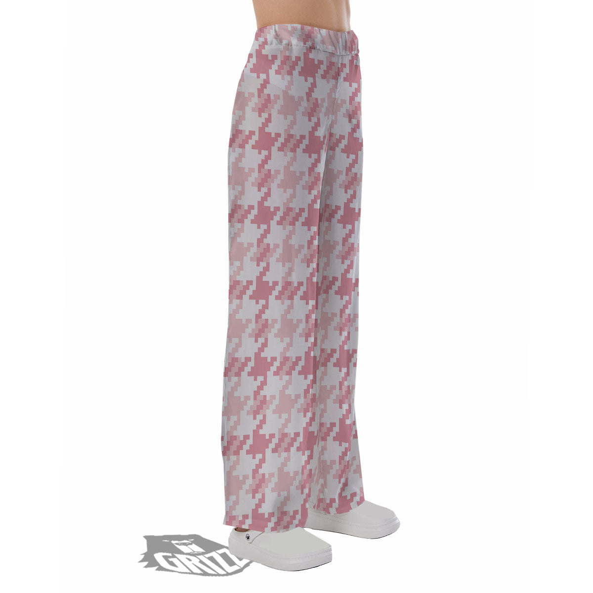Pink Pastel And White Houndstooth Print Pajama Pants-grizzshop