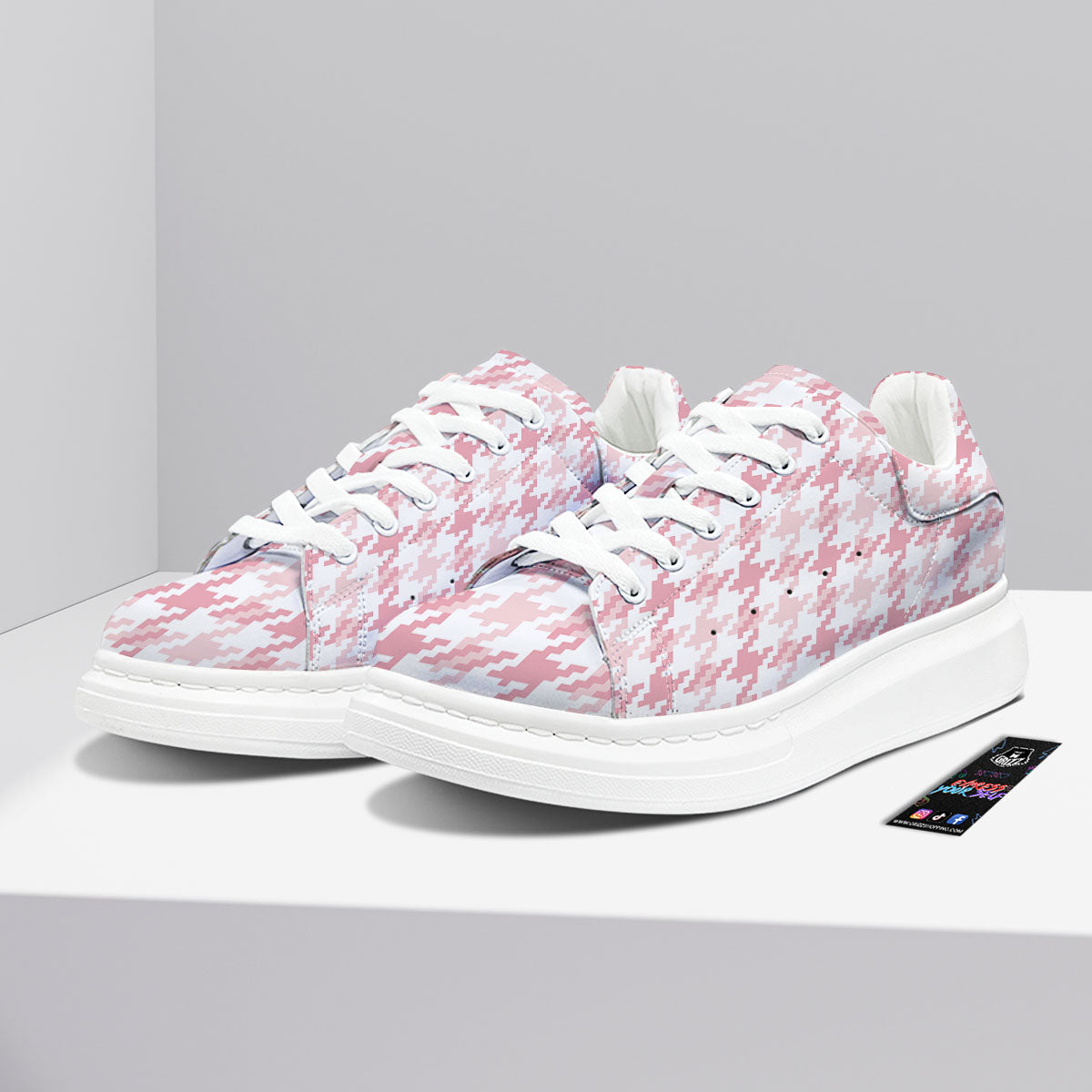 Pink Pastel And White Houndstooth Print Platform Shoes-grizzshop