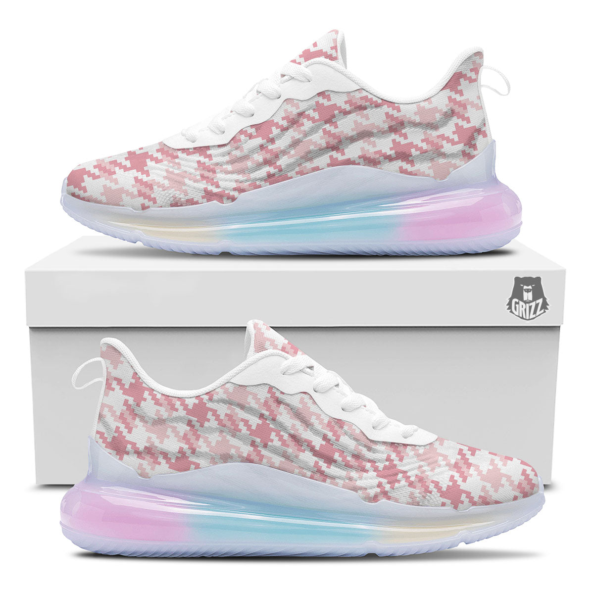 Pink Pastel And White Houndstooth Print Running Sneakers-grizzshop