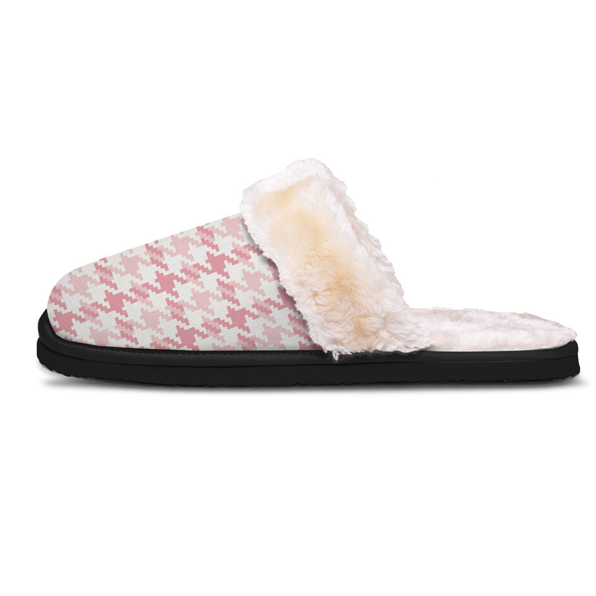 Pink Pastel And White Houndstooth Print Slippers-grizzshop