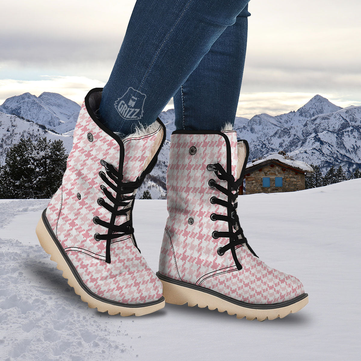Pink Pastel And White Houndstooth Print Snow Boots-grizzshop