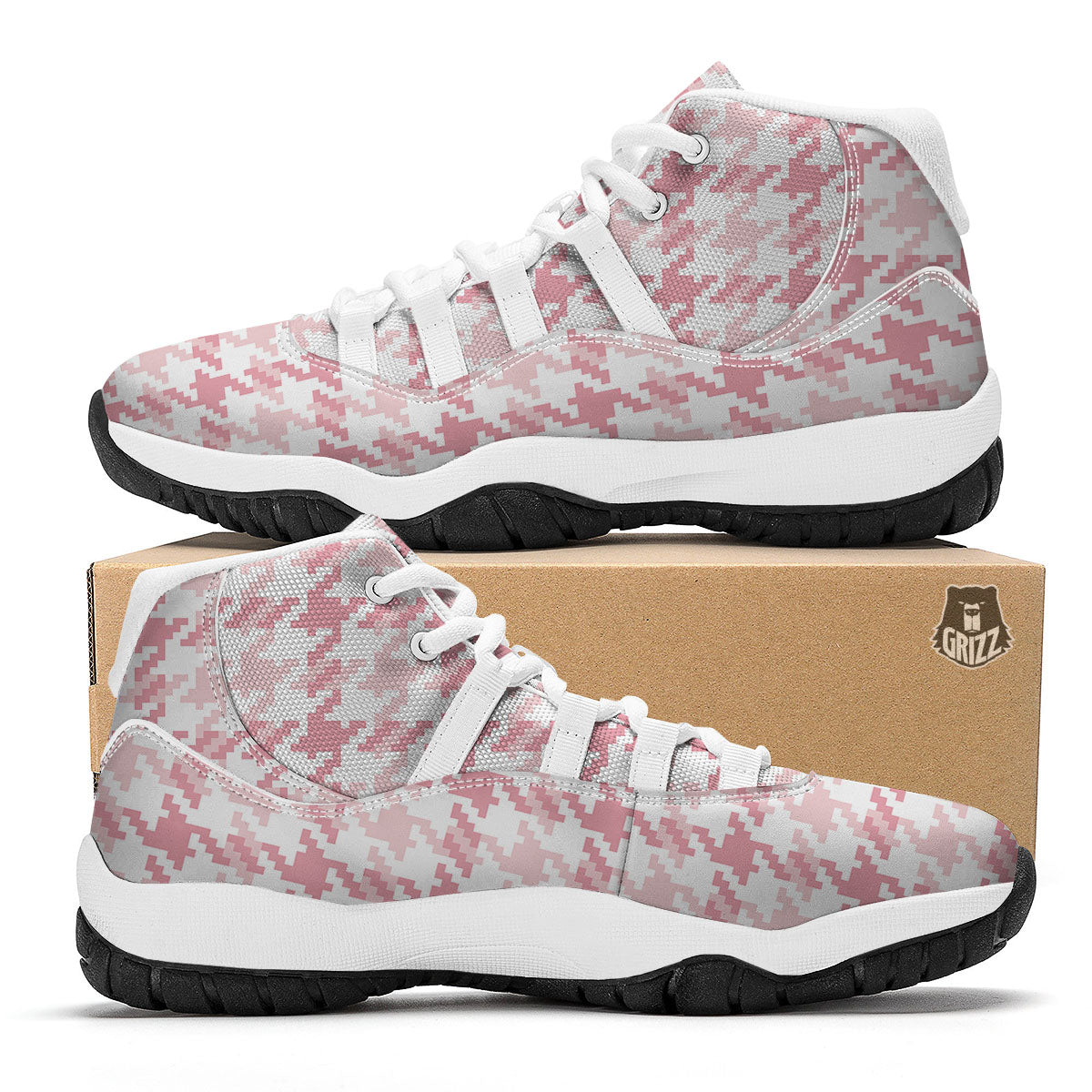 Pink Pastel And White Houndstooth Print White Bball Shoes-grizzshop