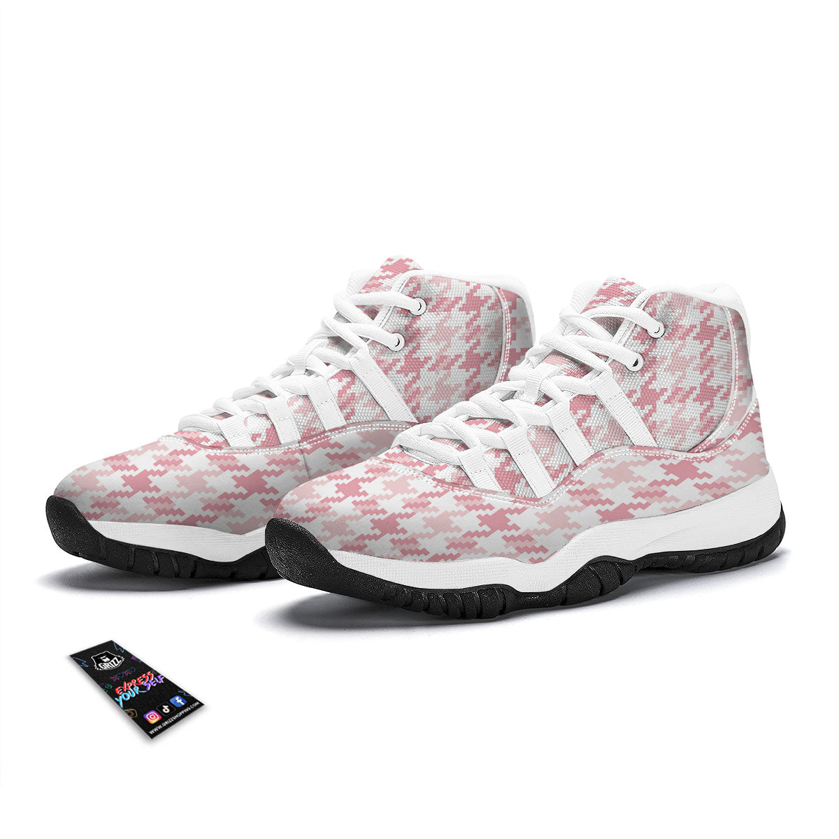 Pink Pastel And White Houndstooth Print White Bball Shoes-grizzshop