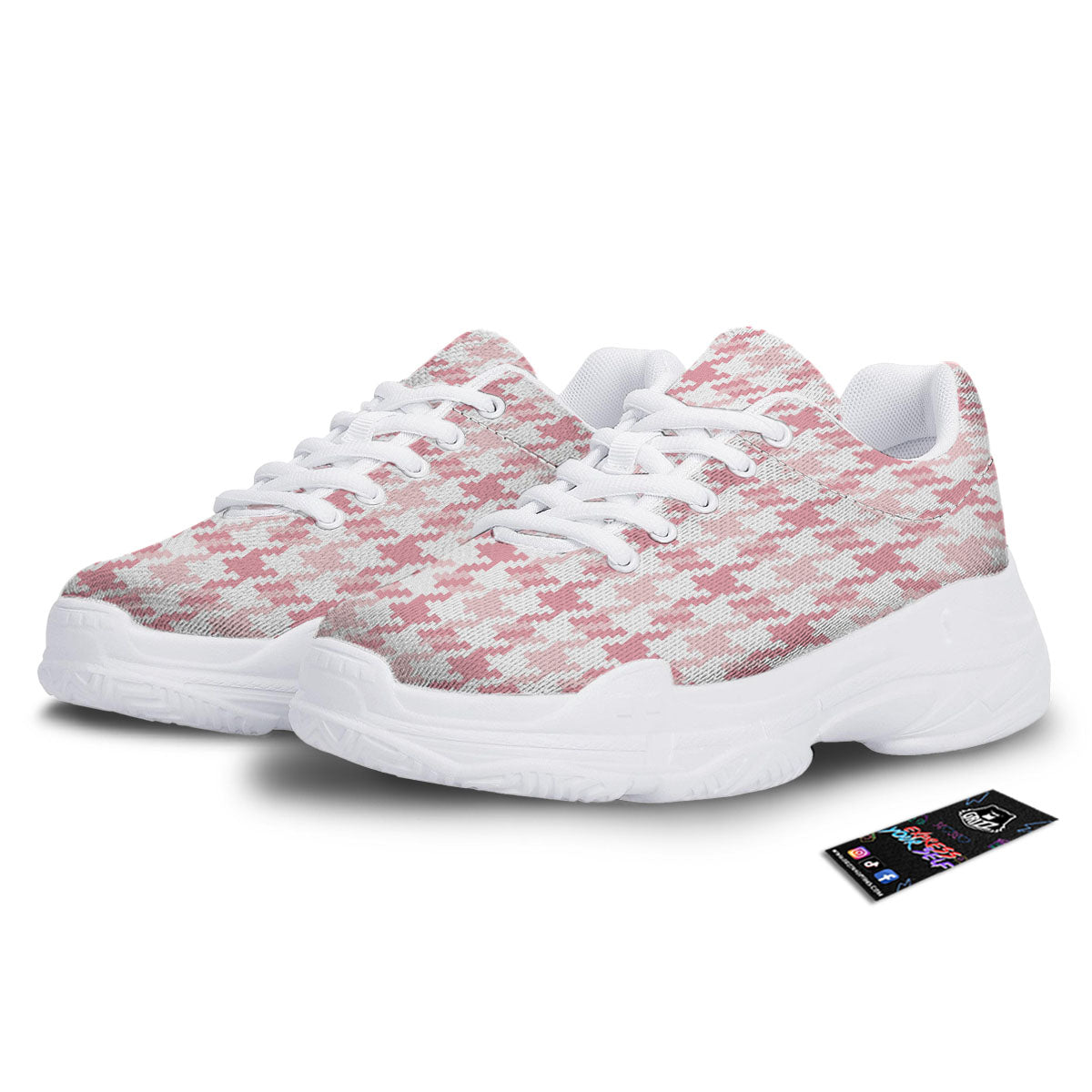 Pink Pastel And White Houndstooth Print White Chunky Shoes-grizzshop