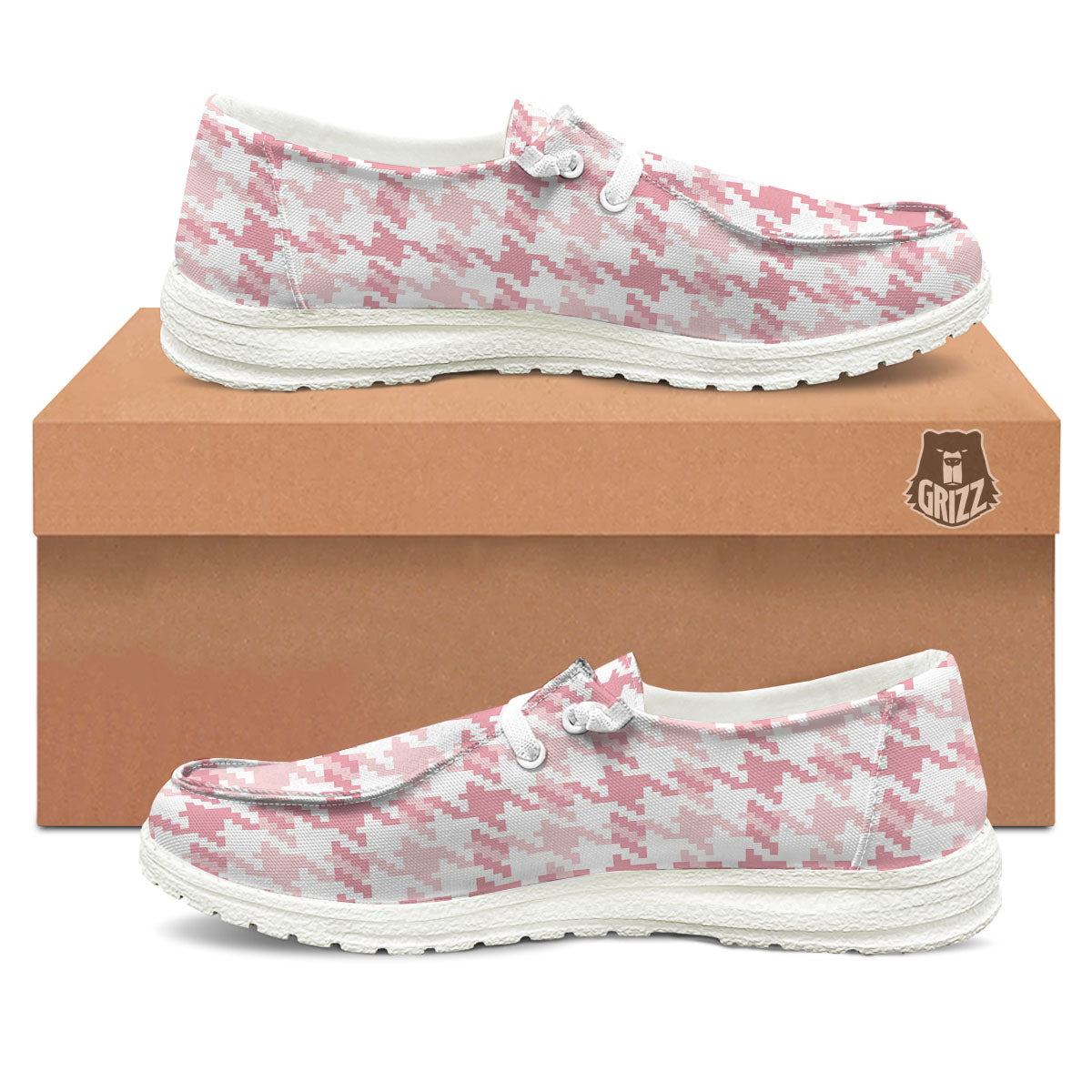 Pink Pastel And White Houndstooth Print White Loafers-grizzshop