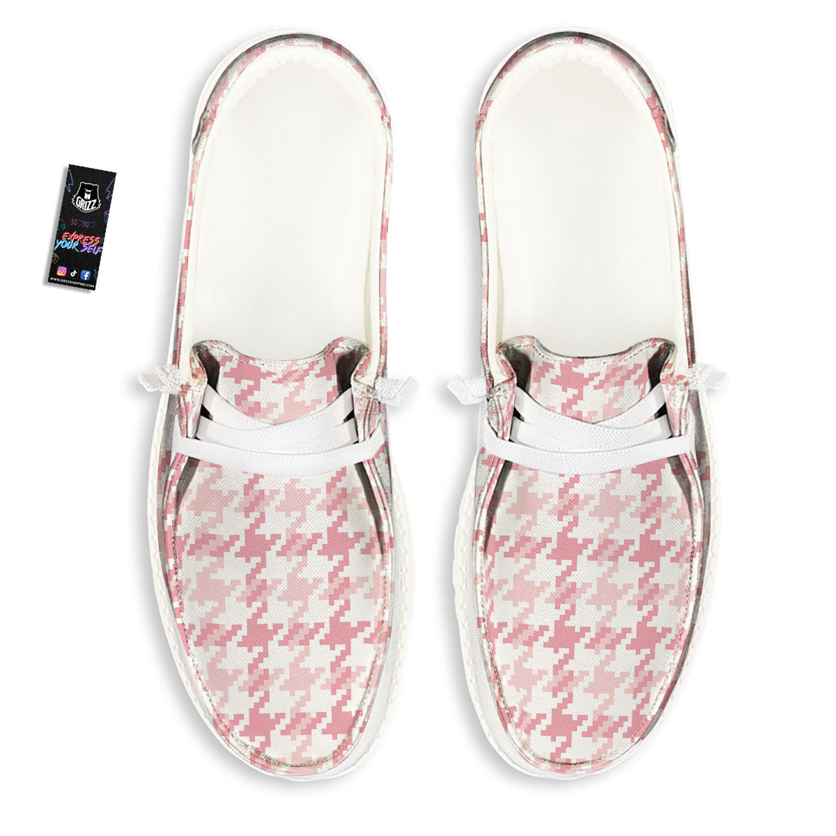 Pink Pastel And White Houndstooth Print White Loafers-grizzshop