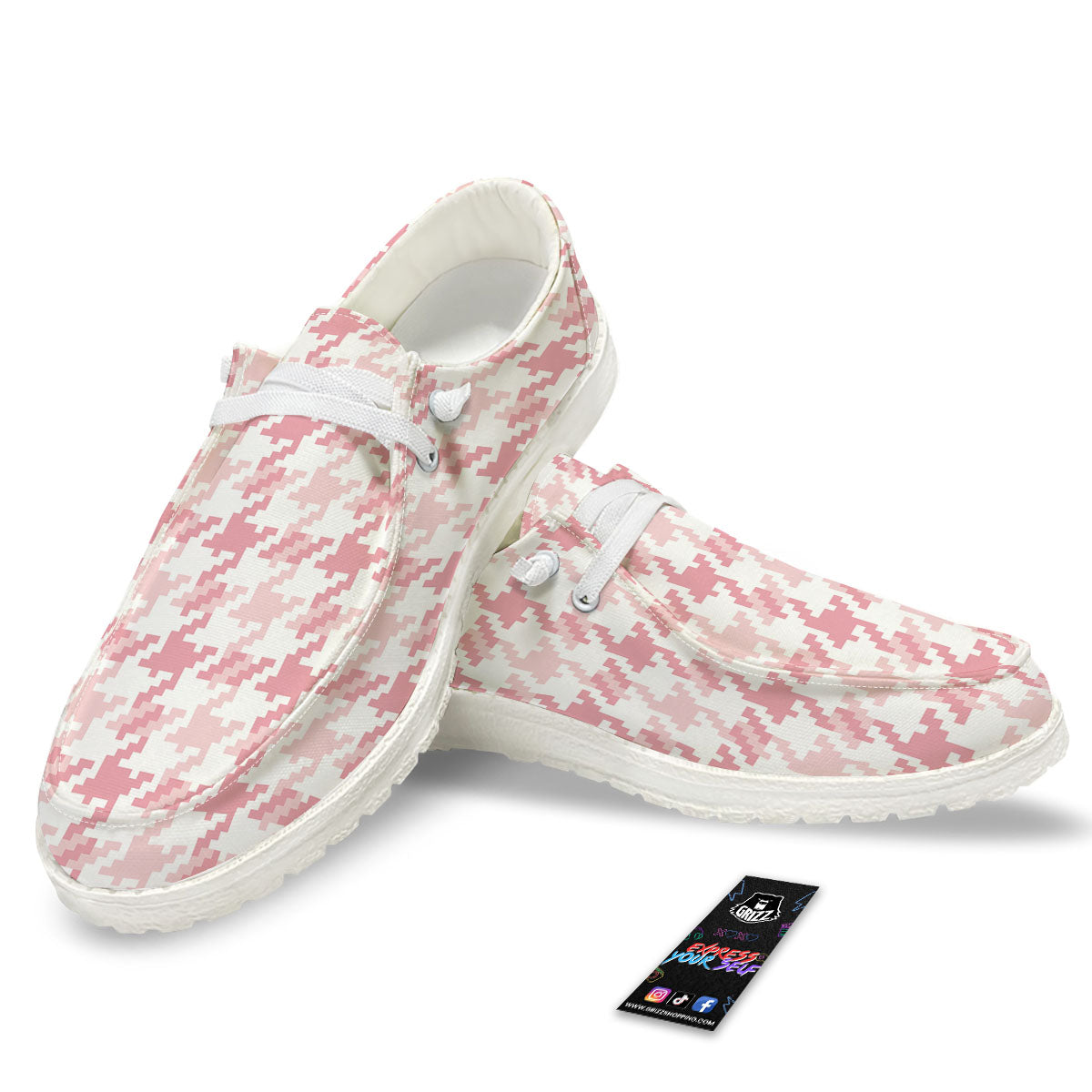Pink Pastel And White Houndstooth Print White Loafers-grizzshop