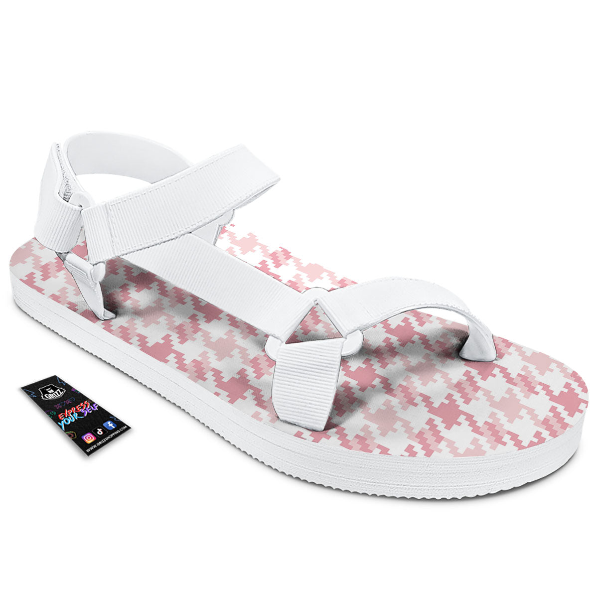Pink Pastel And White Houndstooth Print White Open Toe Sandals-grizzshop