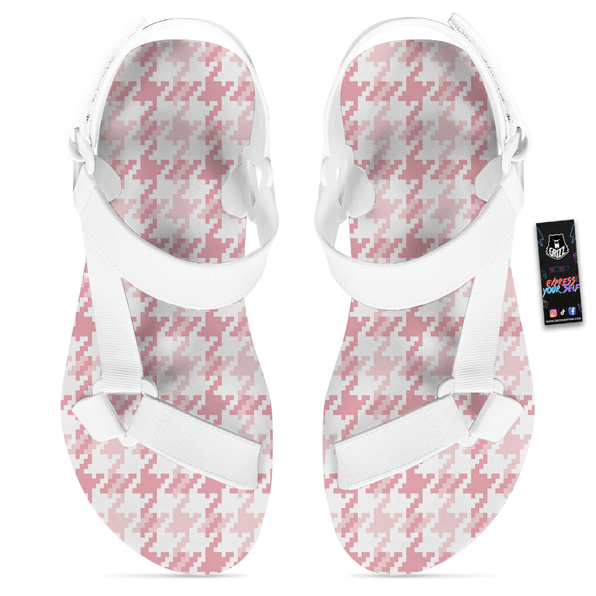Pink Pastel And White Houndstooth Print White Open Toe Sandals-grizzshop