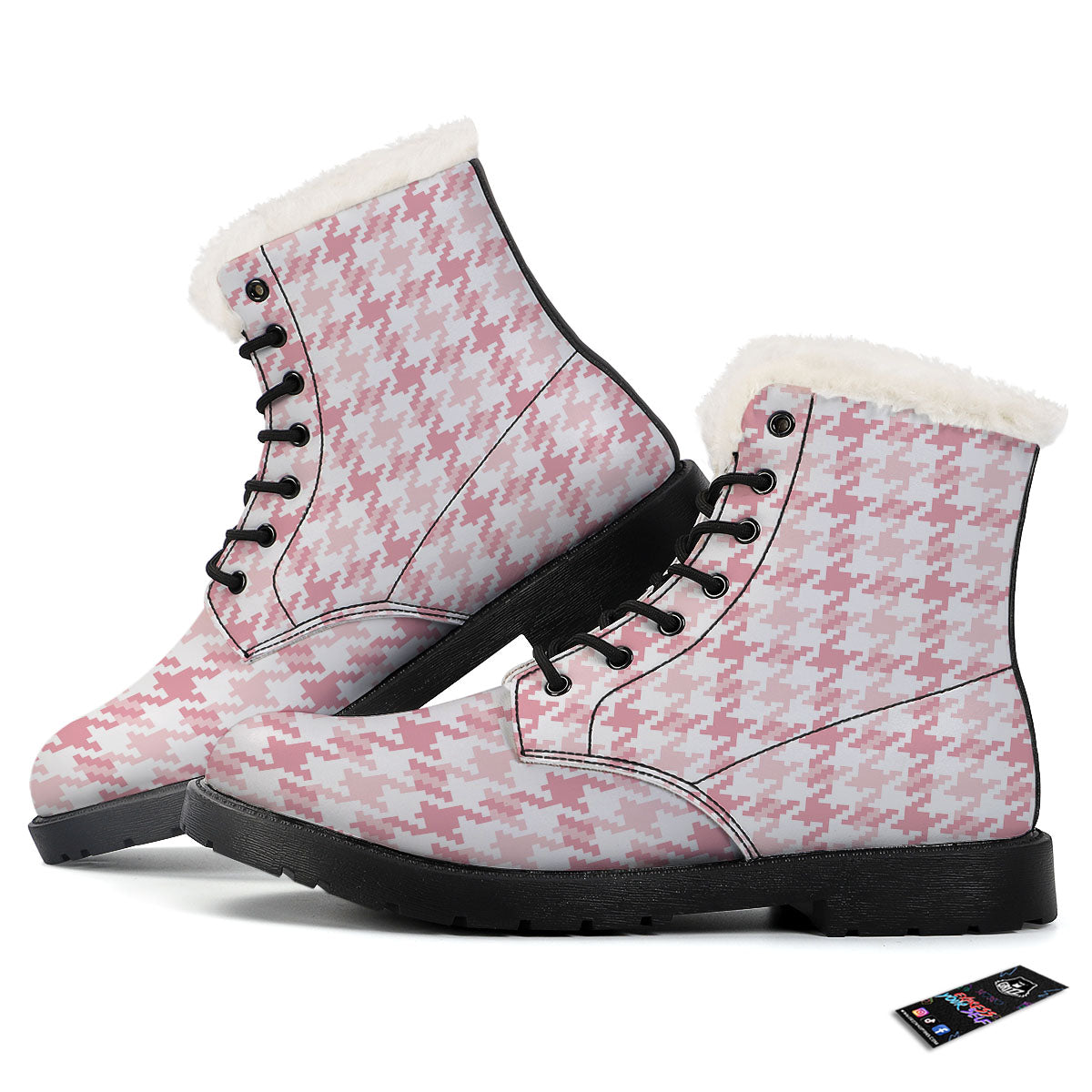 Pink Pastel And White Houndstooth Print Winter Boots-grizzshop