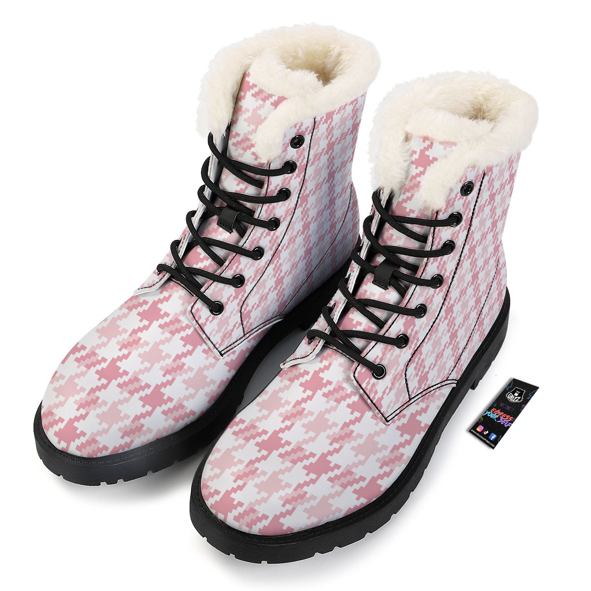 Pink Pastel And White Houndstooth Print Winter Boots-grizzshop
