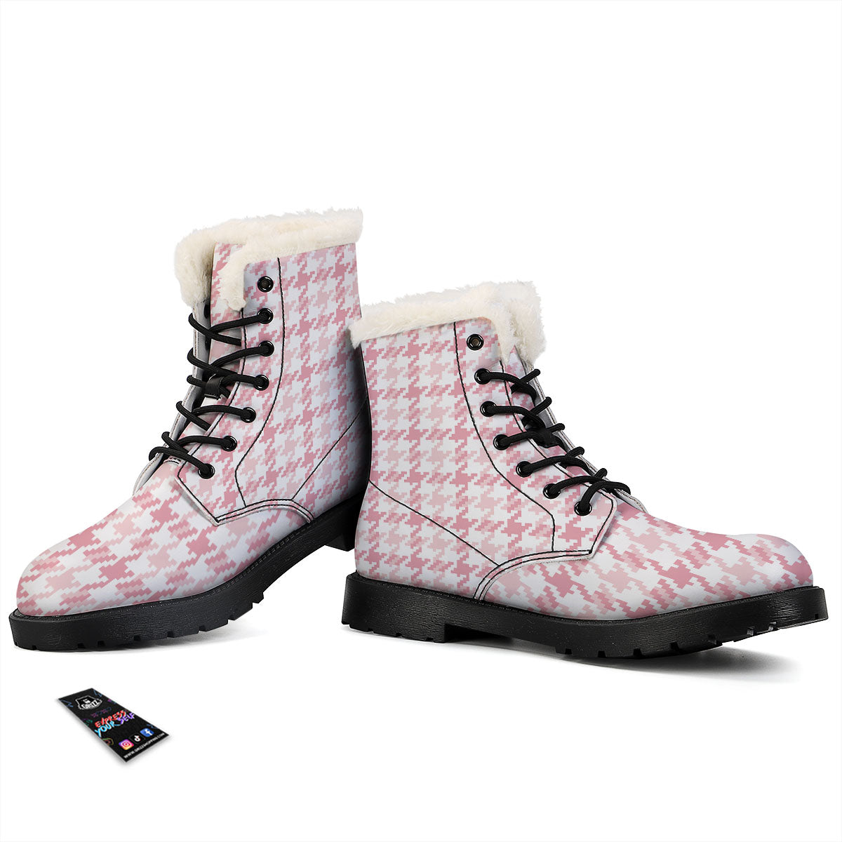 Pink Pastel And White Houndstooth Print Winter Boots-grizzshop