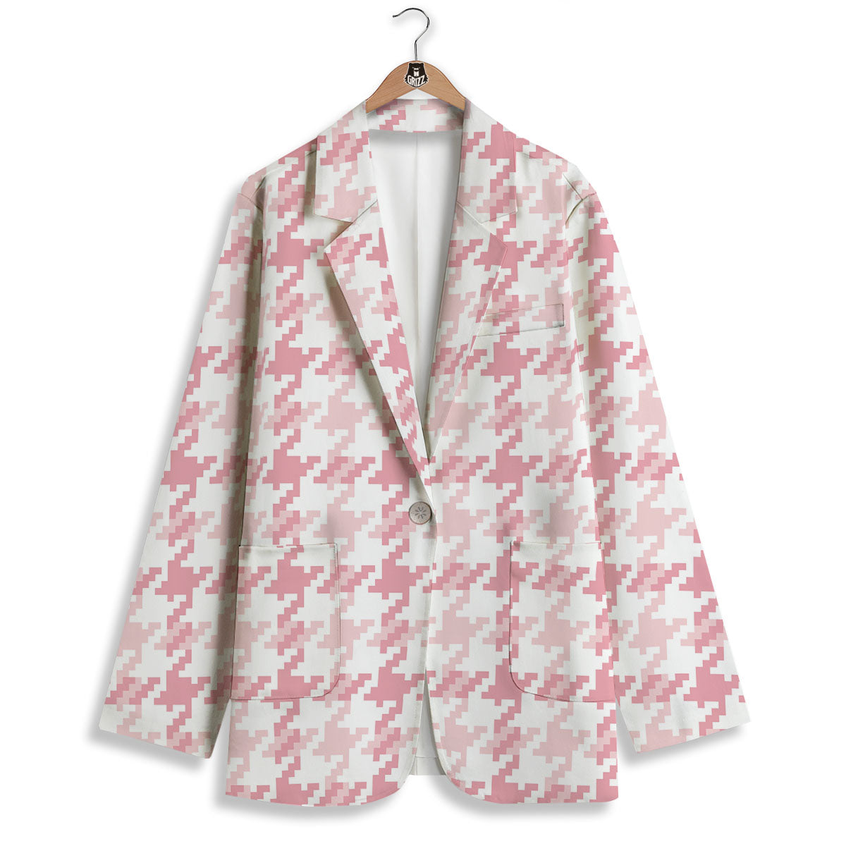 Pink Pastel And White Houndstooth Print Women's Blazer-grizzshop