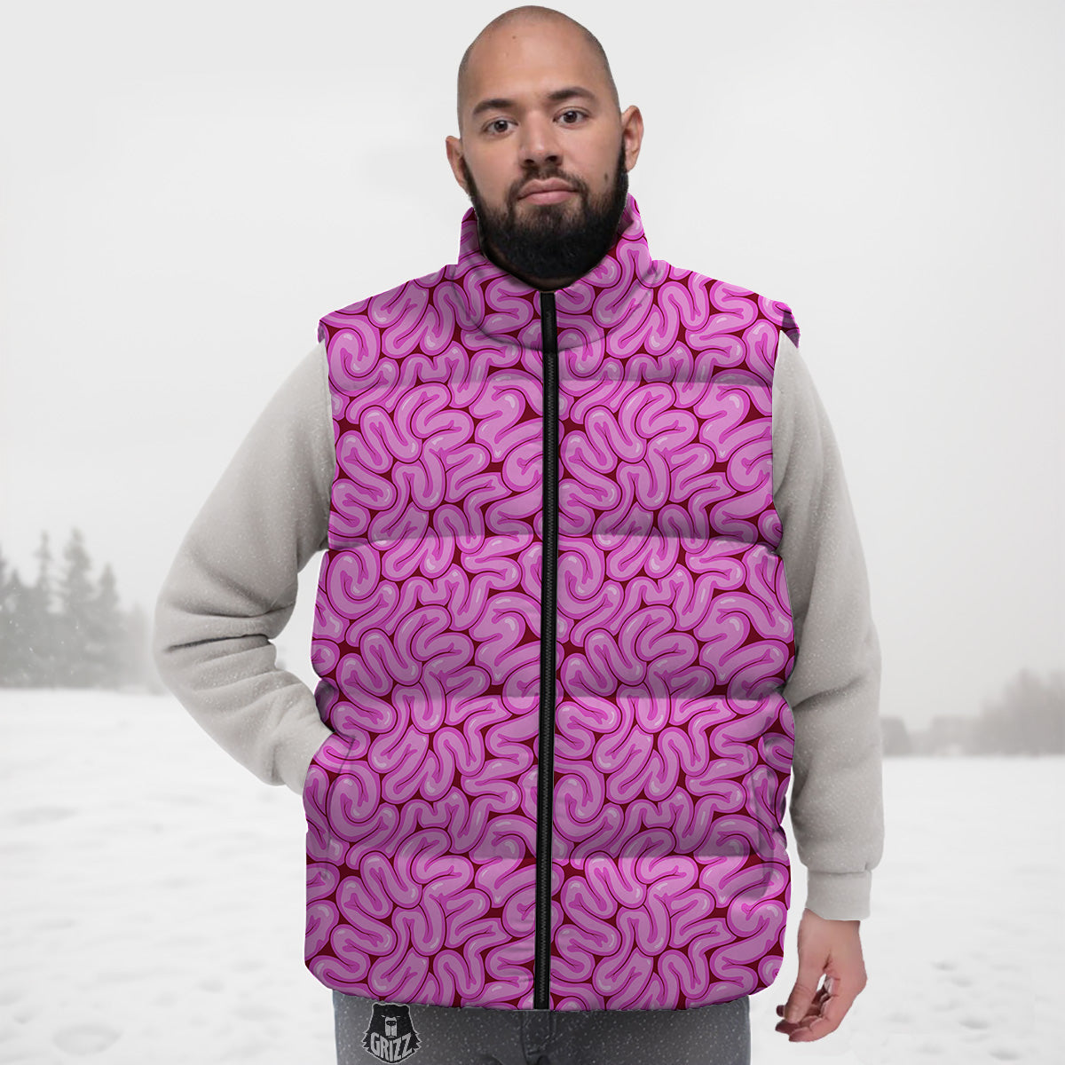 Pink Peach Pattern Print Down Vest-grizzshop