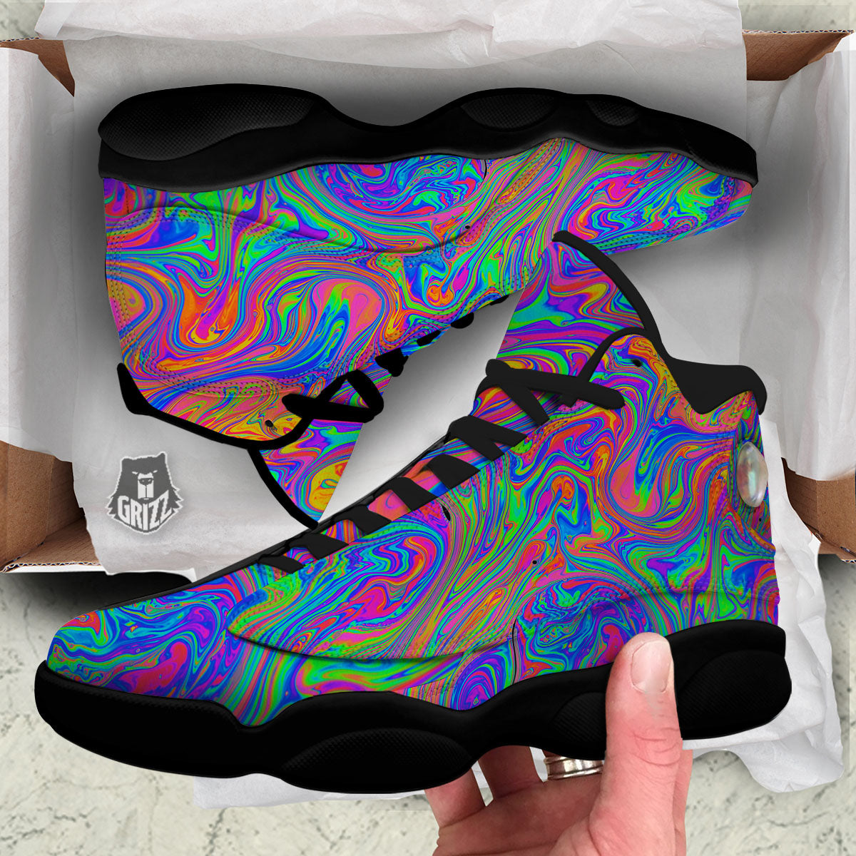 Pink Psychedelic Trippy Neon Green Print Black Basketball Shoes-grizzshop