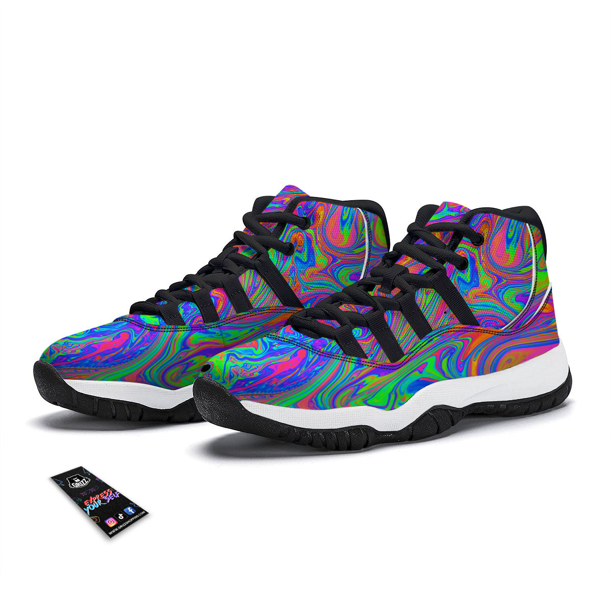Pink Psychedelic Trippy Neon Green Print Black Bball Shoes-grizzshop