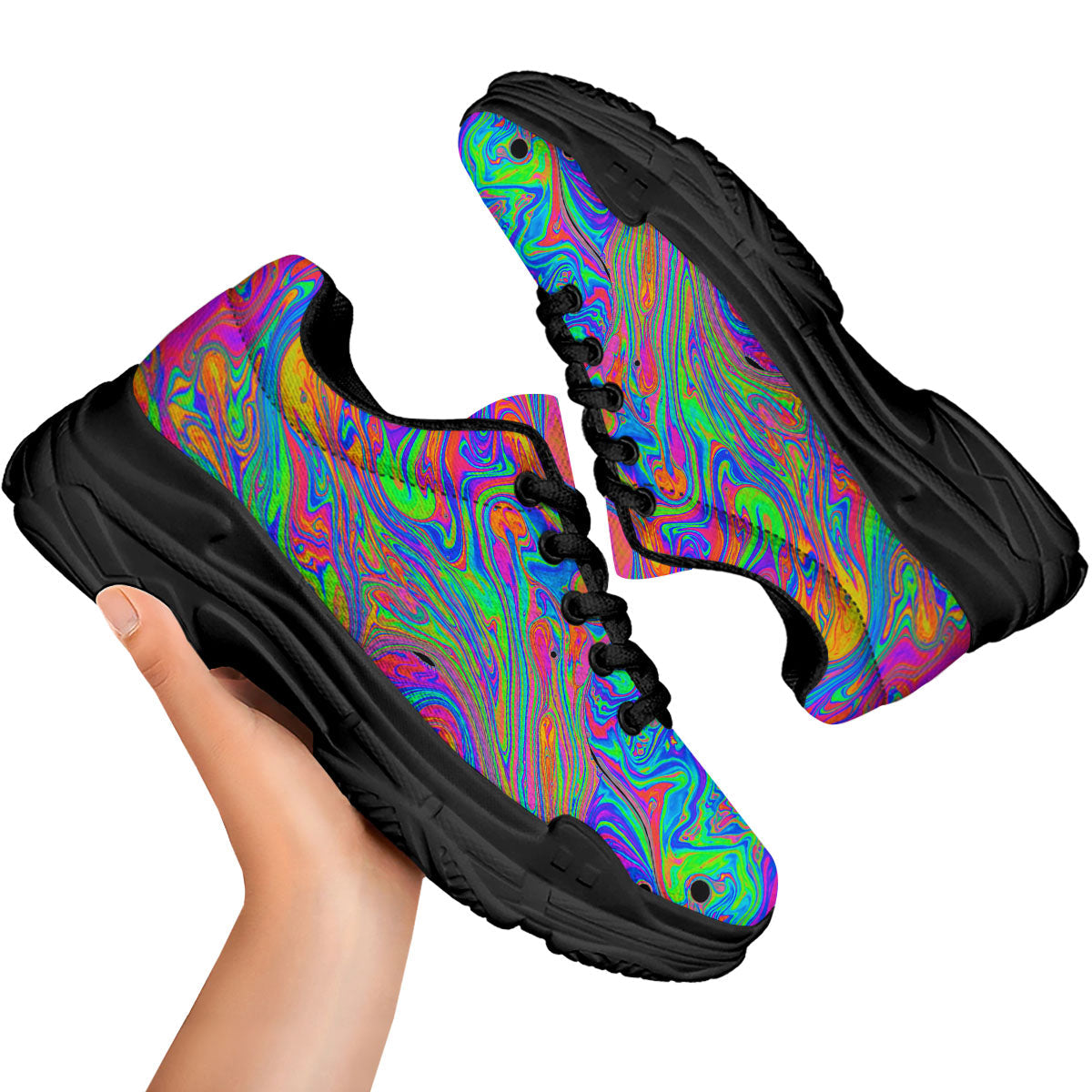 Pink Psychedelic Trippy Neon Green Print Black Chunky Shoes-grizzshop