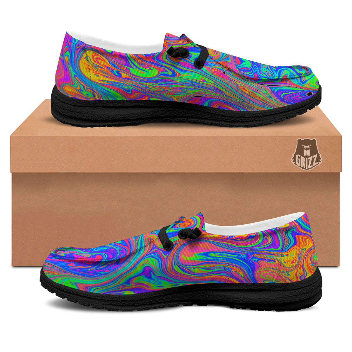 Pink Psychedelic Trippy Neon Green Print Black Loafers-grizzshop