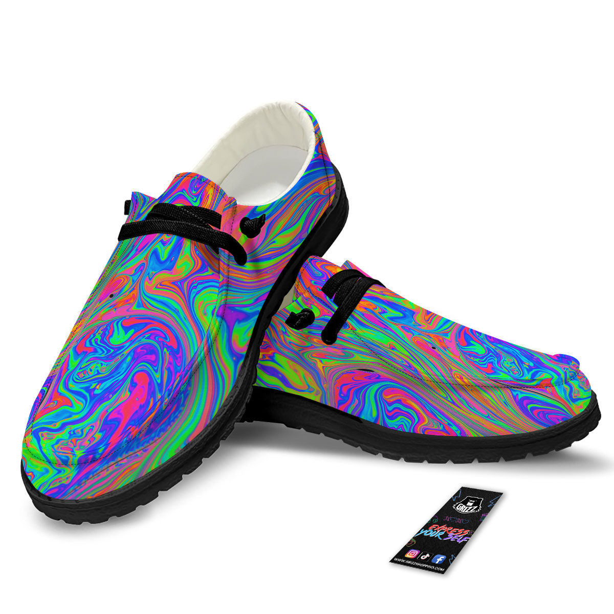 Pink Psychedelic Trippy Neon Green Print Black Loafers-grizzshop