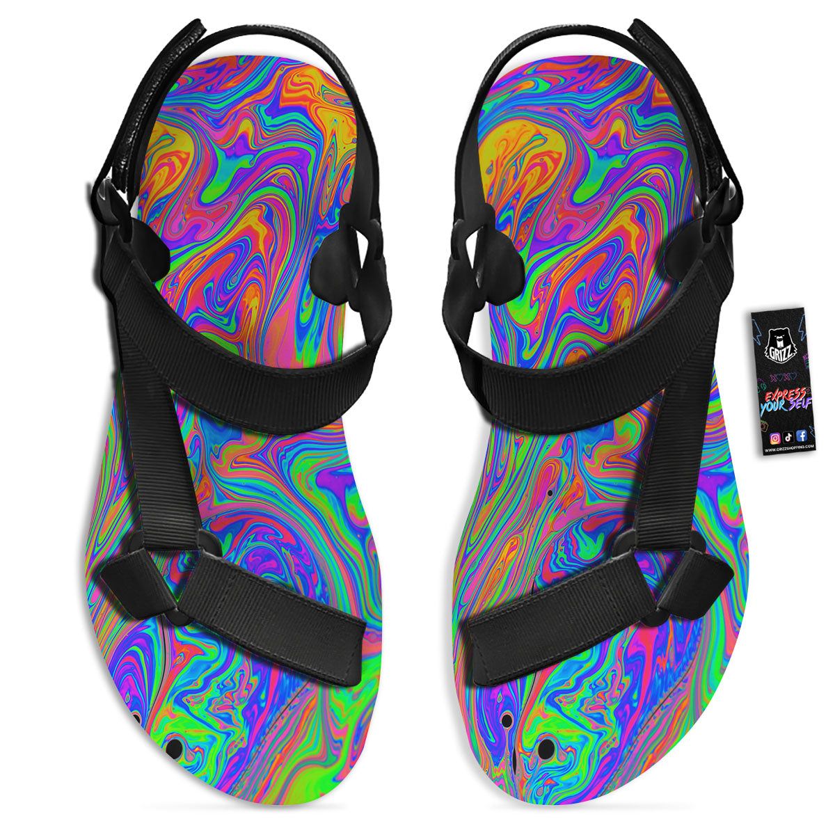 Pink Psychedelic Trippy Neon Green Print Black Open Toe Sandals-grizzshop