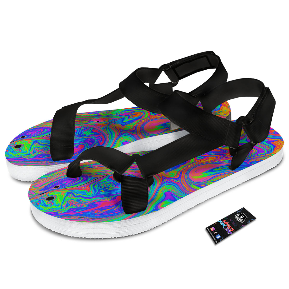 Pink Psychedelic Trippy Neon Green Print Black Open Toe Sandals-grizzshop