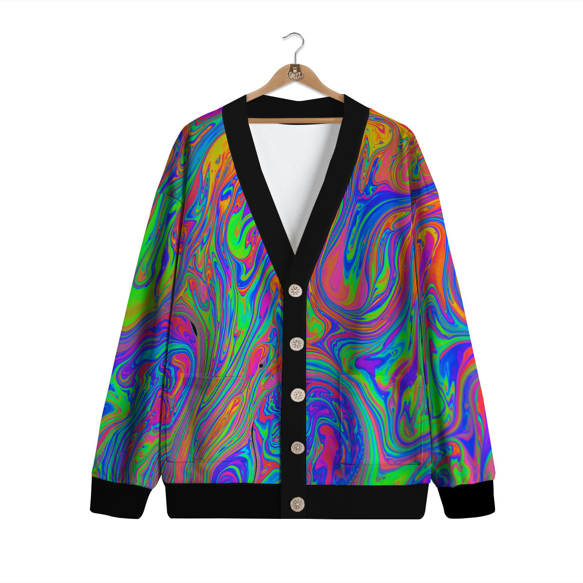Pink Psychedelic Trippy Neon Green Print Cardigan-grizzshop