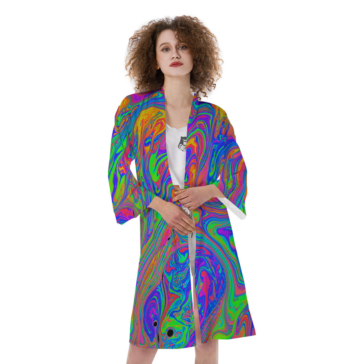 Pink Psychedelic Trippy Neon Green Print Kimono-grizzshop