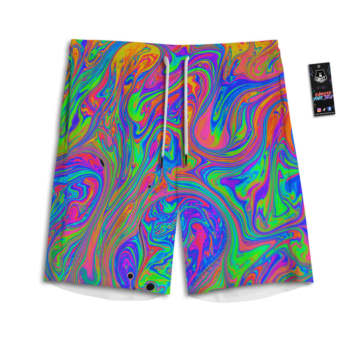 Pink Psychedelic Trippy Neon Green Print Men's Athletic Shorts