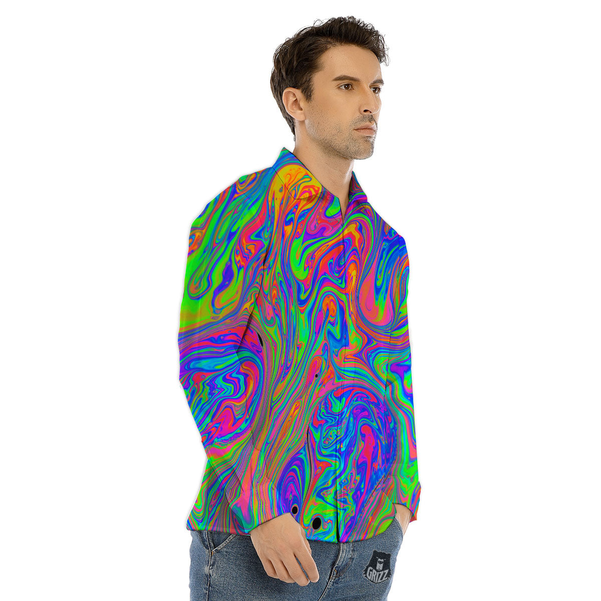 Pink Psychedelic Trippy Neon Green Print Men's Dress Shirts-grizzshop