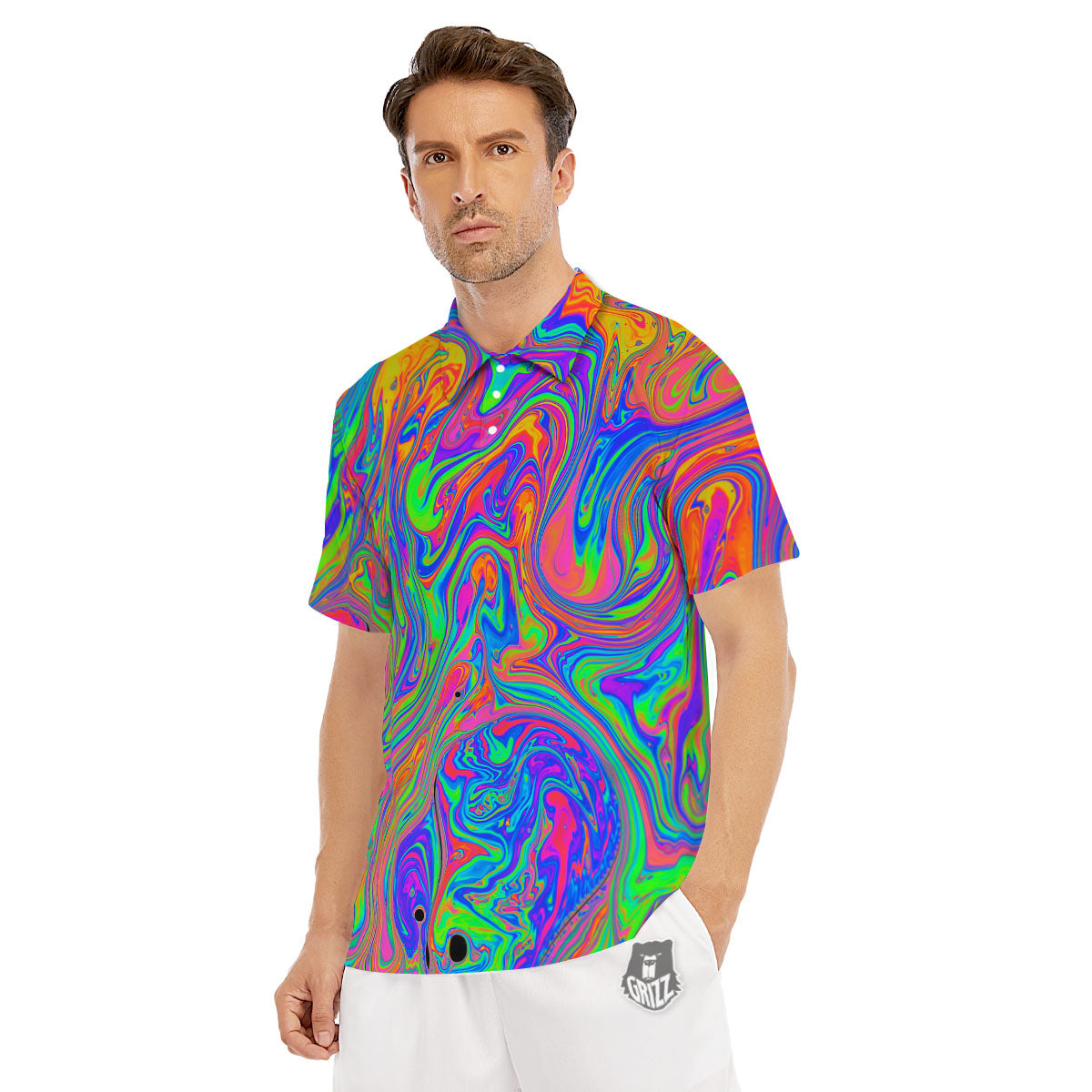 Pink Psychedelic Trippy Neon Green Print Men's Golf Shirts-grizzshop