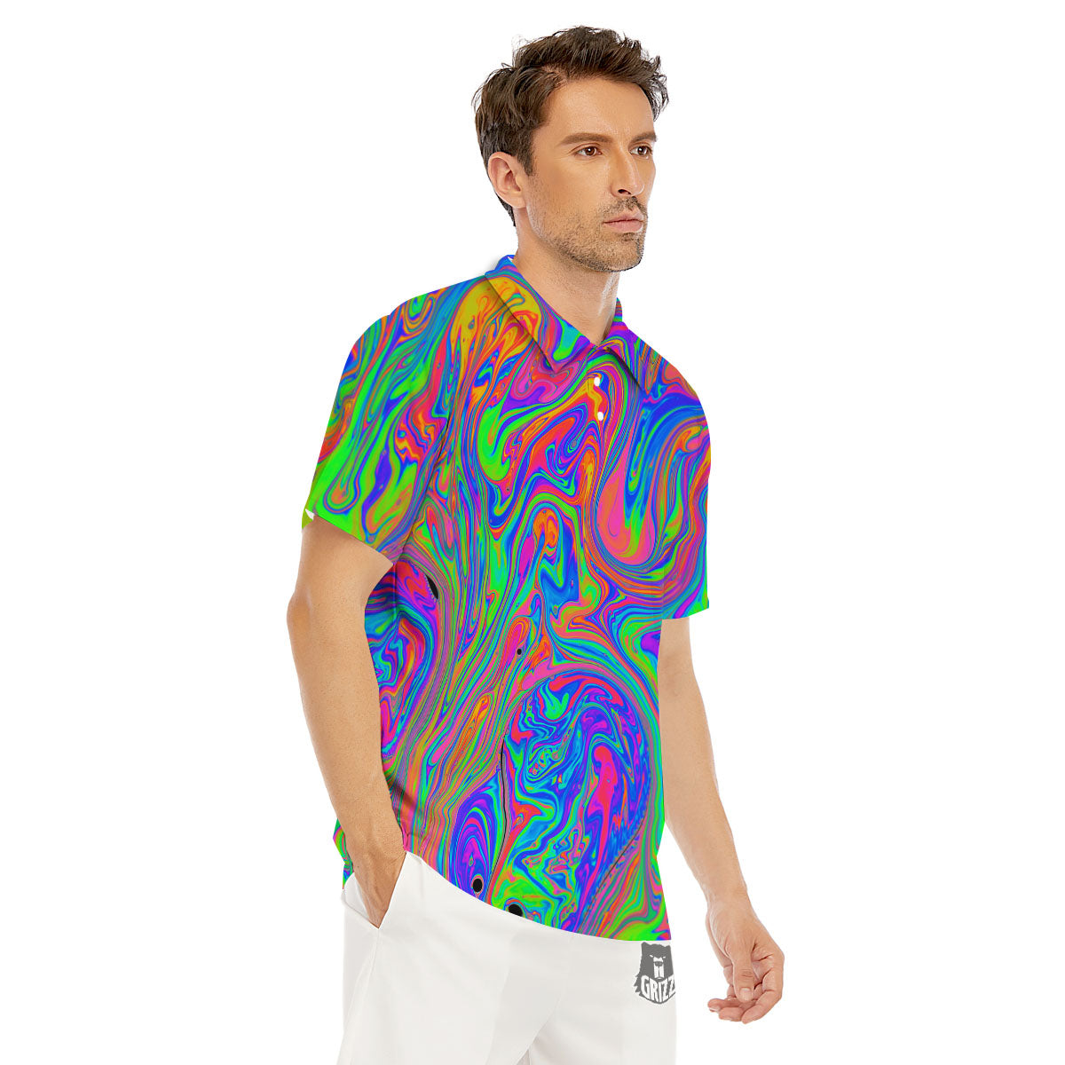Pink Psychedelic Trippy Neon Green Print Men's Golf Shirts-grizzshop